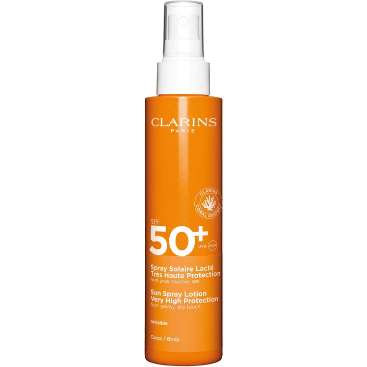 Clarins Sun Spray Lotion SPF 50+ aurinkosuoja vartalolle oranssissa suihkepullossa valkoisella pumpulla