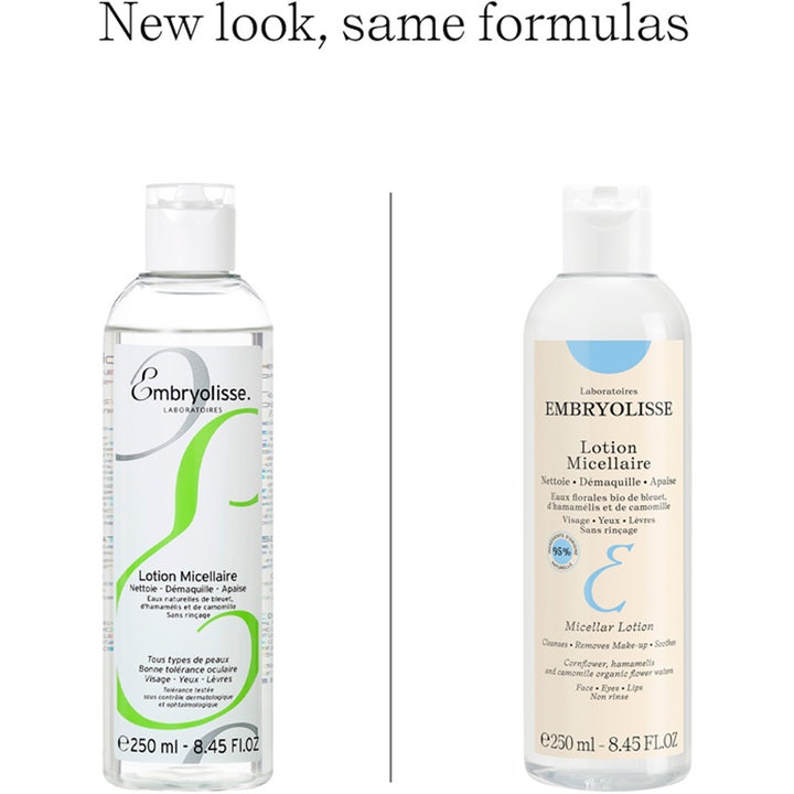 Embryolisse Micellar Lotion 250 ml rauhoittava misellivesi vertailukuvassa, jossa näkyy vanha ja uusi pakkausmalli.
