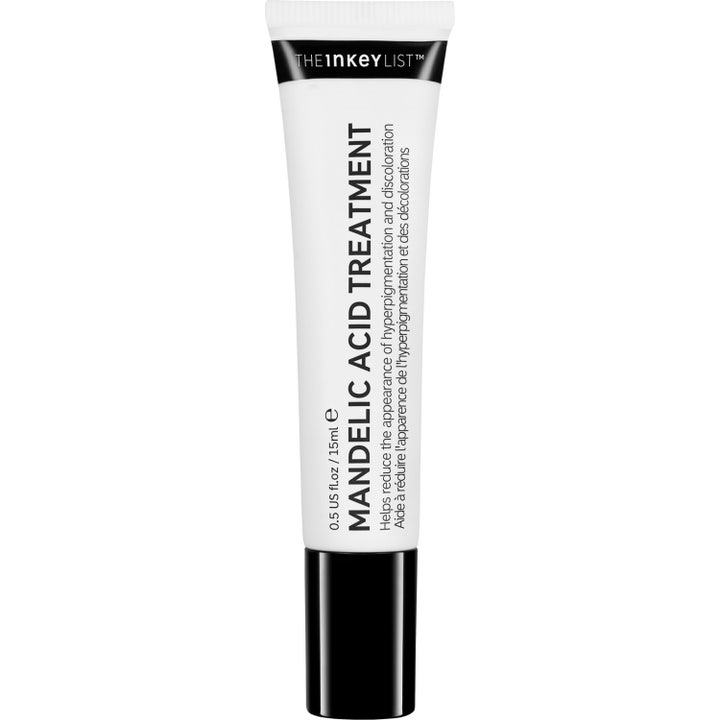 The Inkey List Mandelic Acid Treatment 15 ml pigmenttiläiskiä häivyttävä hoitotuote valkoisessa tuubissa mustalla korkilla.