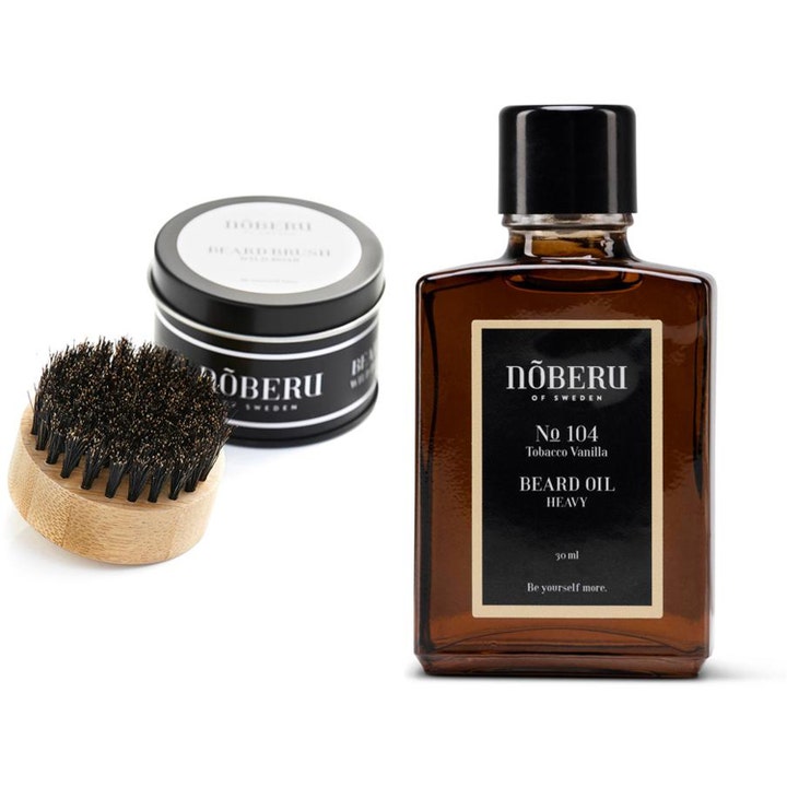 Nõberu Beard Oil Heavy 30 ml pehmentävä partaöljy ruskeassa lasipullossa puisen harjan ja mustan peltipurkin kanssa