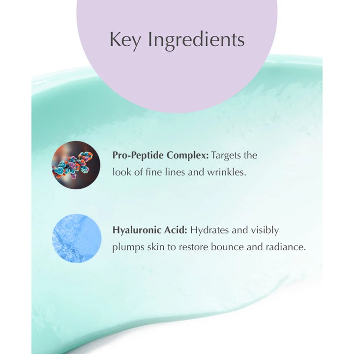 Exuviance Pro-Plump Hydrating Cream 45 g täyteläistävä yövoide ja ainesosakuva peptideistä ja hyaluronihaposta.
