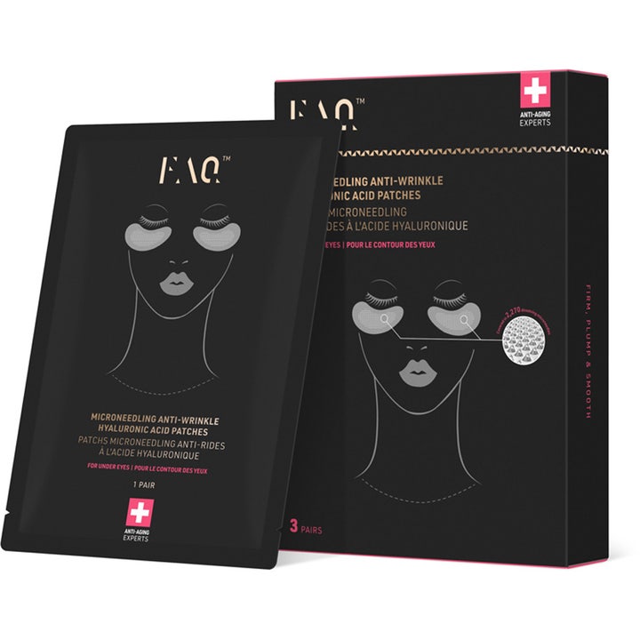 FAQ Microneedling Anti-Wrinkle Hyaluronic Acid Patches 3 paria silottavat silmänympäryslaput mustassa pakkauksessa, jossa on kasvopiirros.
