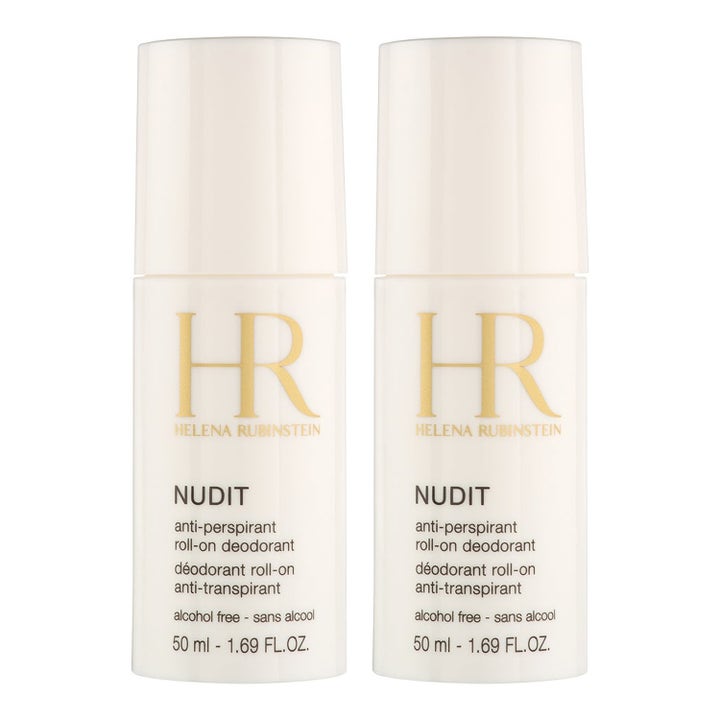 Helena Rubinstein Nudit 2 x 50 ml roll-on-deodorantti on alkoholiton ja kaksi valkoista pakkausta kultaisilla logoilla.