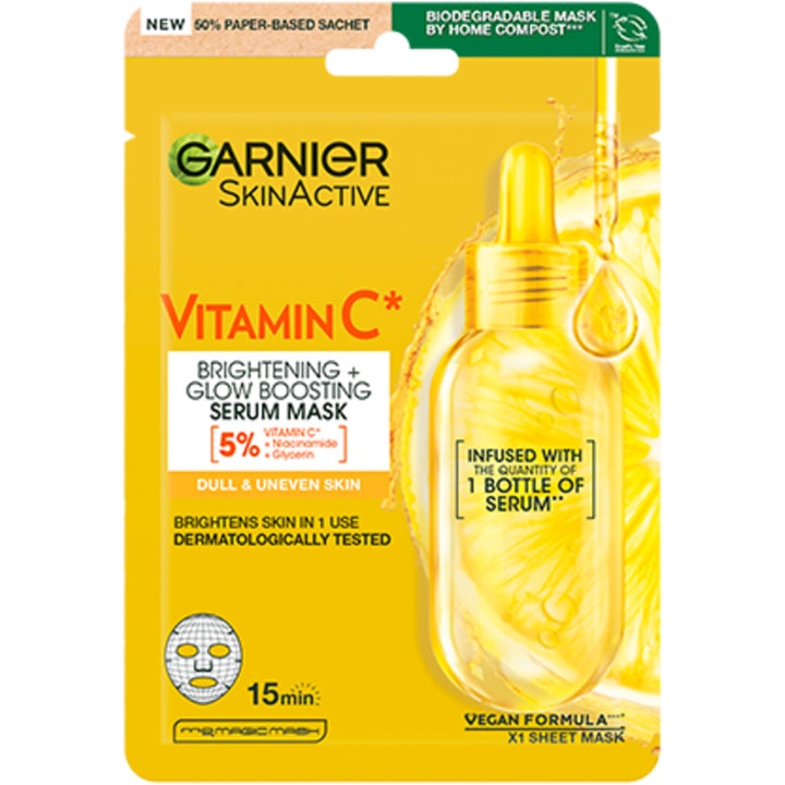 Garnier SkinActive Vitamin C 1 kpl kirkastava kangasnaamio heleyttää sameaa ihoa keltaisessa pakkauksessa sitruunakuvalla