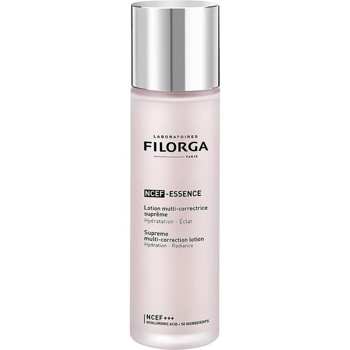 Filorga NCEF-Essence 150 ml kosteutta ja heleyttä antava hoitoneste huurteisessa hopeakorkkisessa pullossa.