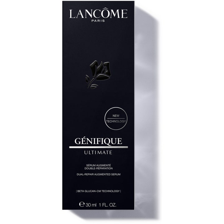 Lancôme Génifique Ultimate Serum 30 ml korjaava seerumi mustassa pakkauksessa hopeisilla yksityiskohdilla.