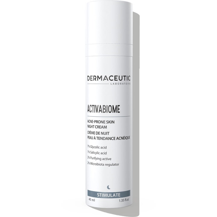 Dermaceutic Activabiome 40 ml epäpuhtauksia vähentävä yövoide akneiholle valkoisessa pumppupullossa