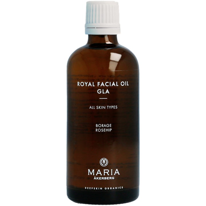 Maria Åkerberg Royal Facial Oil GLA elvyttävä kasvoöljy ruskeassa lasipullossa, jossa on valkoinen kierrekorkki.