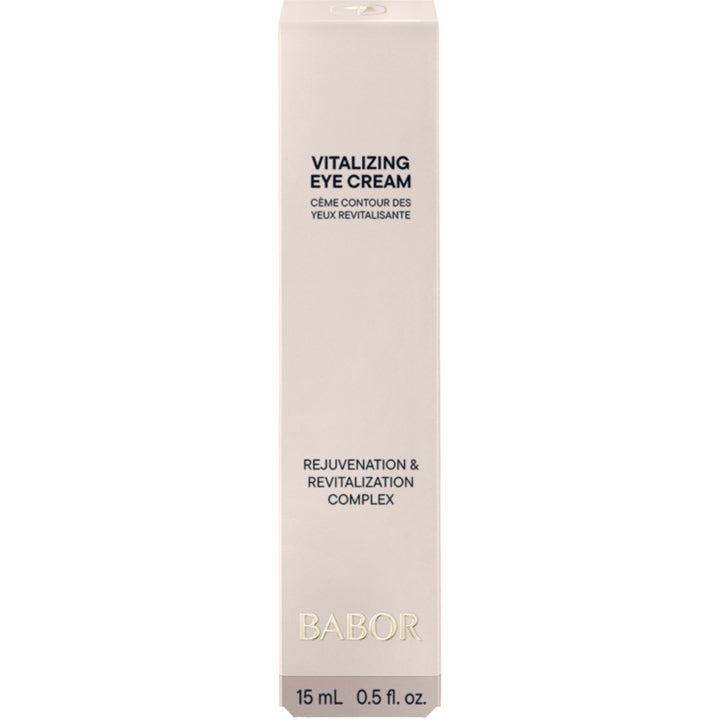 Babor Vitalizing Eye Cream 15 ml kirkastava silmänympärysvoide pystyasennossa olevassa vaaleassa pahvipakkauksessa.