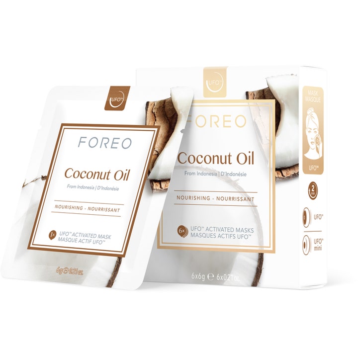 FOREO Coconut Oil 6 kpl ravitseva kasvonaamio valkoisessa pakkauksessa kookoksen kuvalla ja kultaisin yksityiskohdin.