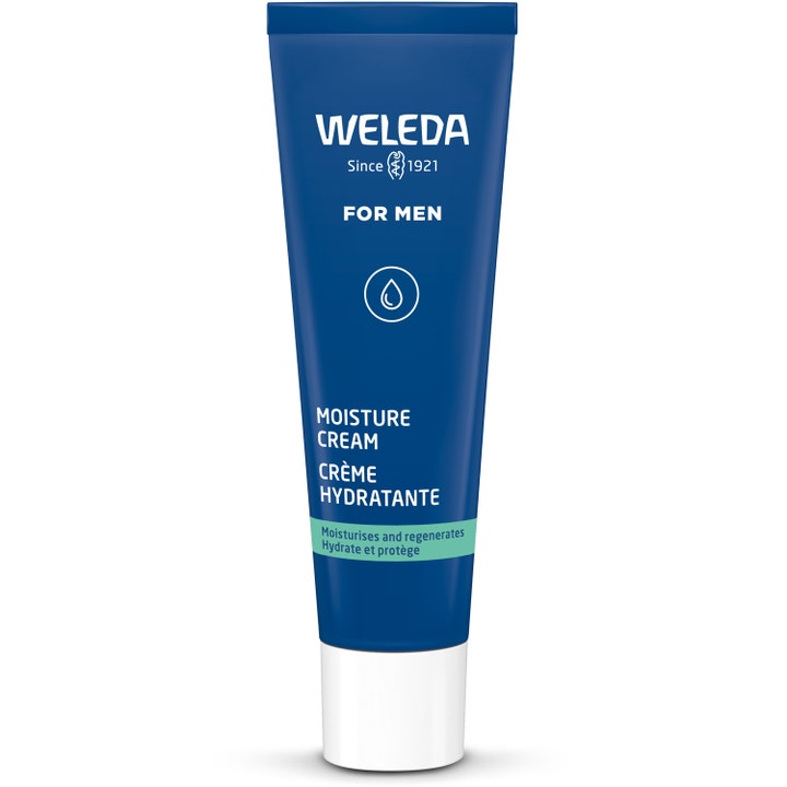 Weleda For Men Moisture Cream 30 ml kosteuttava ja uudistava kasvovoide sinisessä tuubissa valkoisella korkilla.