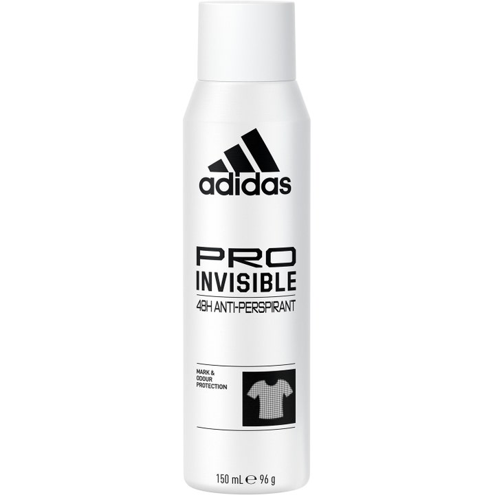 Adidas Pro Invisible 150 ml antiperspirantti ehkäisee hikitahroja valkoisessa spraypullossa mustalla logolla.