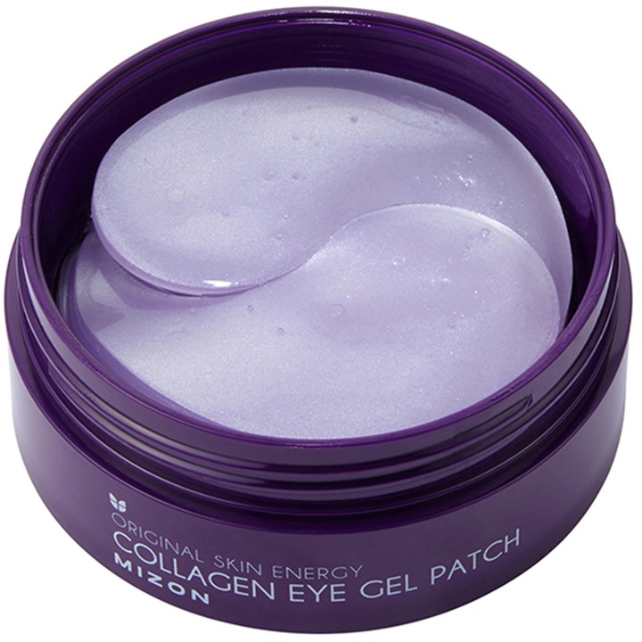 Mizon Collagen Eye Gel Patch 60 kpl kiinteyttävät silmänympäryslaput purppuranvärisessä purkissa kimaltelevalla pinnalla