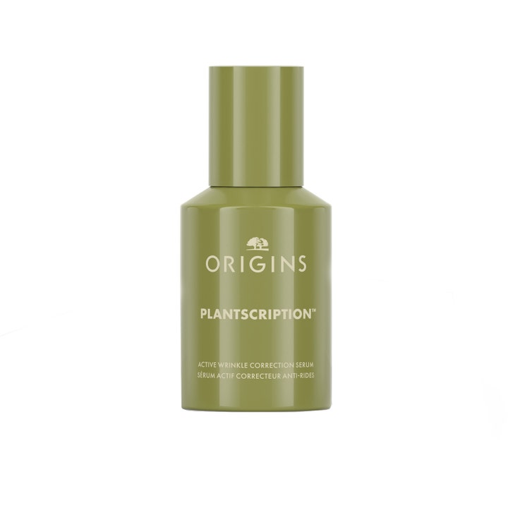 Origins Plantscription Active Wrinkle Correction Serum 30 ml ryppyjä silottava seerumi kiiltävässä vihreässä pullossa.
