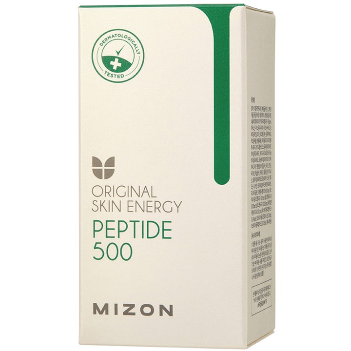 Mizon Peptide 500 30 ml kiinteyttävä seerumi valkoisessa pakkauksessa jossa on vihreä logo.
