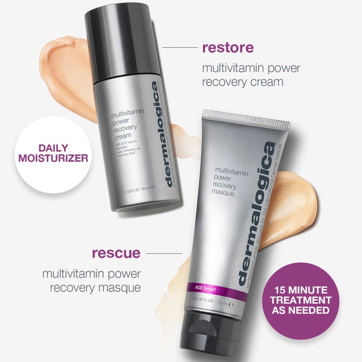 Dermalogica Stressed Skin Recovery System Duo elvyttävä ihonhoitosetti harmaissa pakkauksissa persikkaisella voiteella