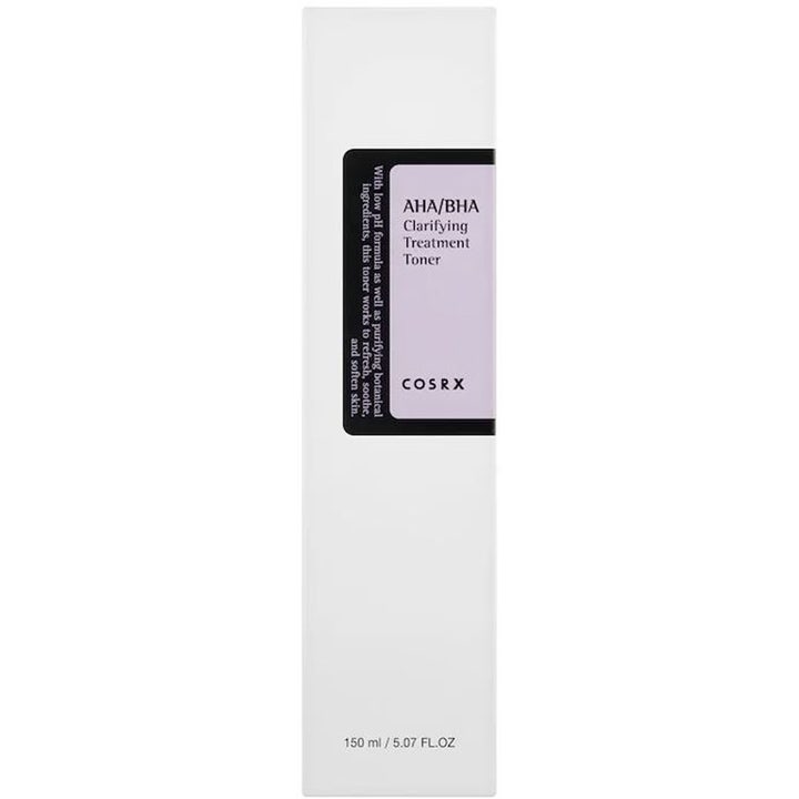 COSRX AHA/BHA Clarifying Treatment Toner 150 ml kirkastava kasvovesi valkoisessa pahvipakkauksessa liilalla etiketillä
