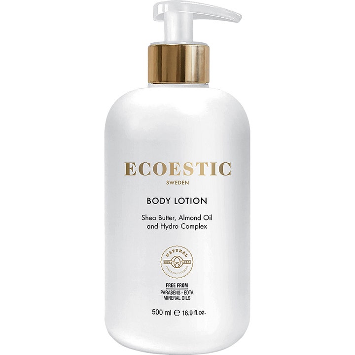 Ecoestic Body Lotion 500 ml kosteuttava vartalovoide valkoisessa muovipullossa jossa on tyylikäs kultainen pumppu