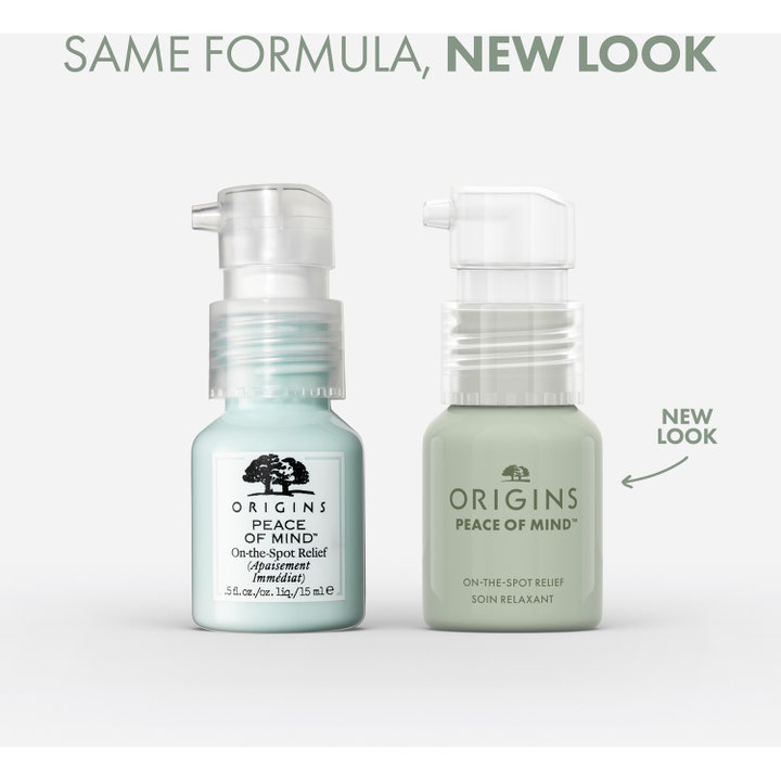 Origins Peace Of Mind 15 ml rentouttava täsmähoito vertailukuvassa vanha ja uusi pakkaus.