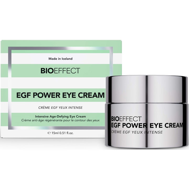 BIOEFFECT EGF Power Eye Cream 15 ml silmänympärysvoide hopeisessa purkissa ja raidallisessa rasiassa
