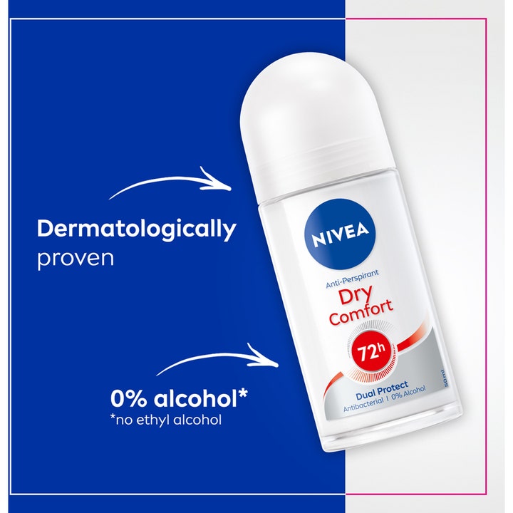 NIVEA Deo Rollon Dry Comfort 50 ml antiperspirantti tarjoaa 72 tunnin suojan alkoholittomassa lasipullossa.