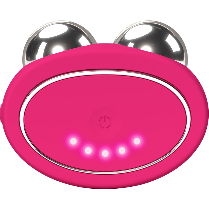 FOREO BEAR 2 Fuchsia 1 kpl kasvojenkiinteyttäjä fuksianpunainen mikrovirtalaite hopeisilla palloilla.