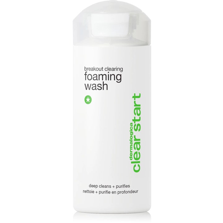 Dermalogica Clear Start Breakout Clearing Foaming Wash syväpuhdistava puhdistusaine valkoisessa pullossa kirkkaalla korkilla.