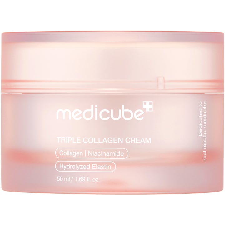 Medicube Triple Collagen Cream 50 ml silottava kasvovoide vaaleanpunaisessa huurteisessa purkissa.