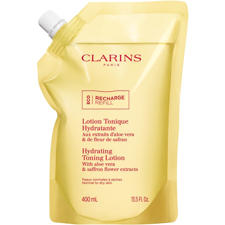 Clarins Hydrating Toning Lotion 400 ml kosteuttava kasvovesi keltaisessa täyttöpussissa jossa on valkoinen korkki