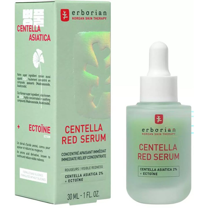 Erborian Centella Red Serum 30 ml rauhoittava seerumi vihreässä lasipullossa ja pakkauksessa.