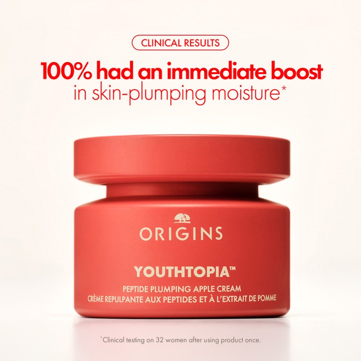 Origins Youthtopia Peptide Plumping Apple Cream 50 ml silottava kasvovoide punaisessa purkissa kliinisillä tuloksilla.