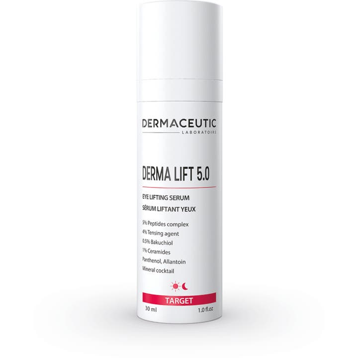 Dermaceutic Derma Lift 5.0 30 ml kiinteyttävä silmänympärysseerumi valkoisessa lieriönmuotoisessa pumppupullossa.