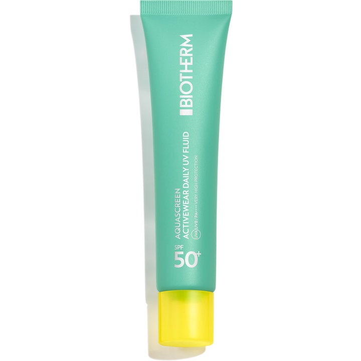 Biotherm Aquascreen Activewear Daily UV Fluid SPF 50+ aurinkosuojavoide mintunvihreässä tuubissa keltaisella korkilla