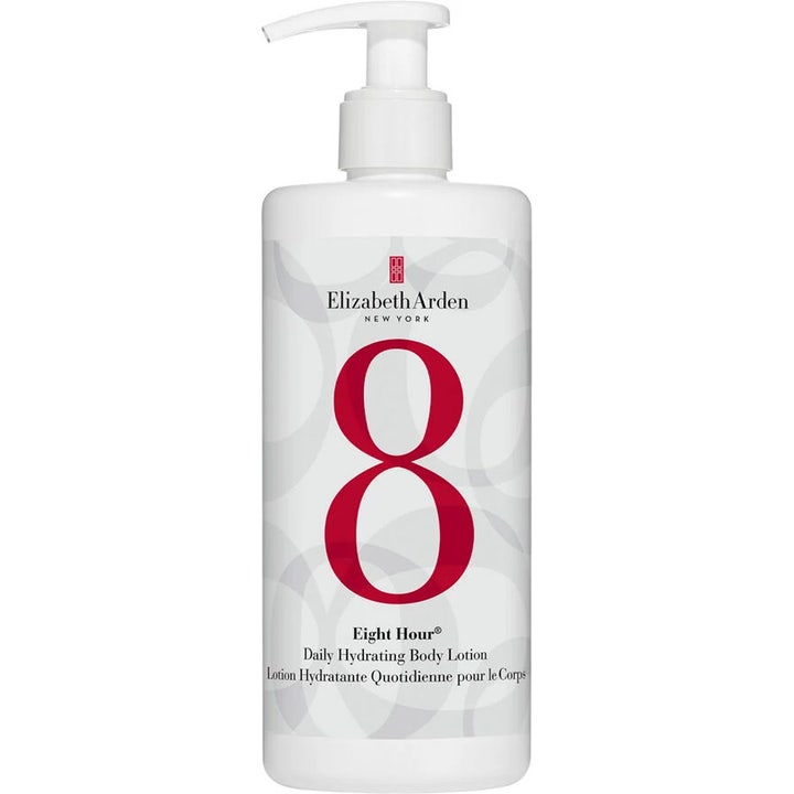 Elizabeth Arden Eight Hour Daily Hydrating Body Lotion kosteuttava vartalovoide valkoisessa pumppupullossa isolla punaisella 8-logolla.
