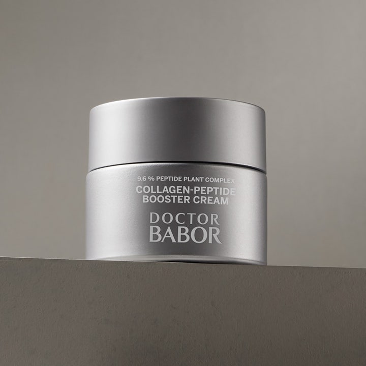 Babor DOC Collagen-Peptide Booster Cream 50 ml kiinteyttävä päivävoide hopeisessa 9.6 % Peptide Plant Complex -purkissa.