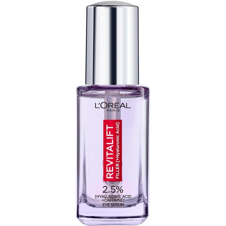 L'Oréal Paris Filler Eye Serum 20 ml kosteuttava ögonserum kirkkaassa lasipullossa hopeisella korkilla