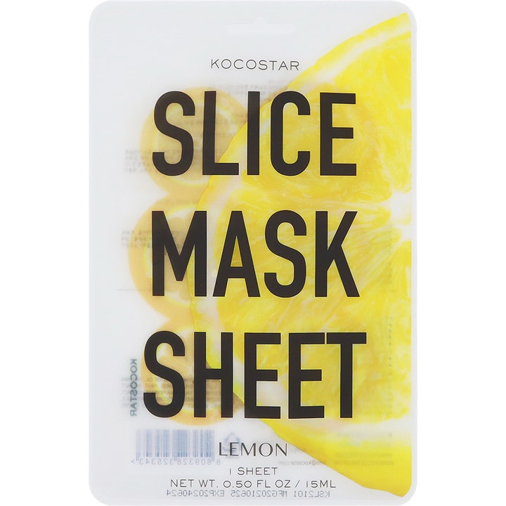 Kocostar Slice Mask Sheet Lemon 15 ml kirkastava kangasnaamio valkoisessa pakkauksessa keltaisella sitruunaviipaleella