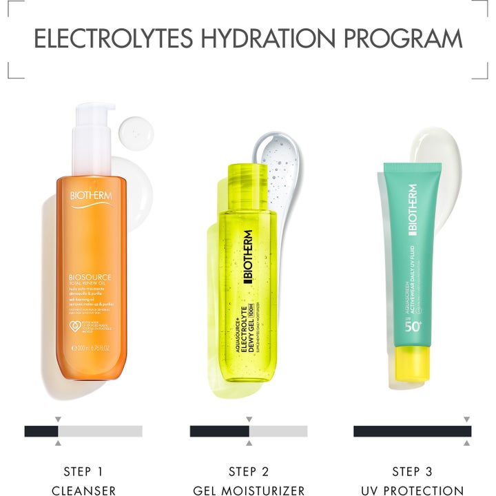 Biotherm Aquasource+ Electrolyte Dewy Gel 100 ml kosteuttava ihonhoitorutiini sisältää puhdistusöljyn, geelin ja SPF 50 voiteen.