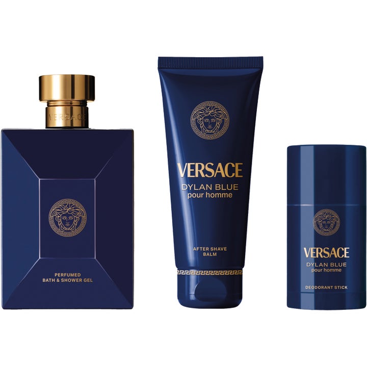 Versace Dylan Blue 100 ml after shave balm rauhoittava voide sinisessä tuubissa osana miesten tuotesettiä