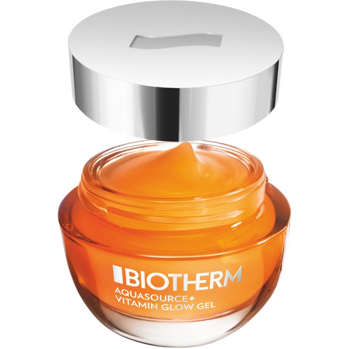 Biotherm Aquasource Vitamin Glow 50 ml heleyttävä kasvovoide sisältää oranssia geeliä lasipurkissa hopeisella kannella