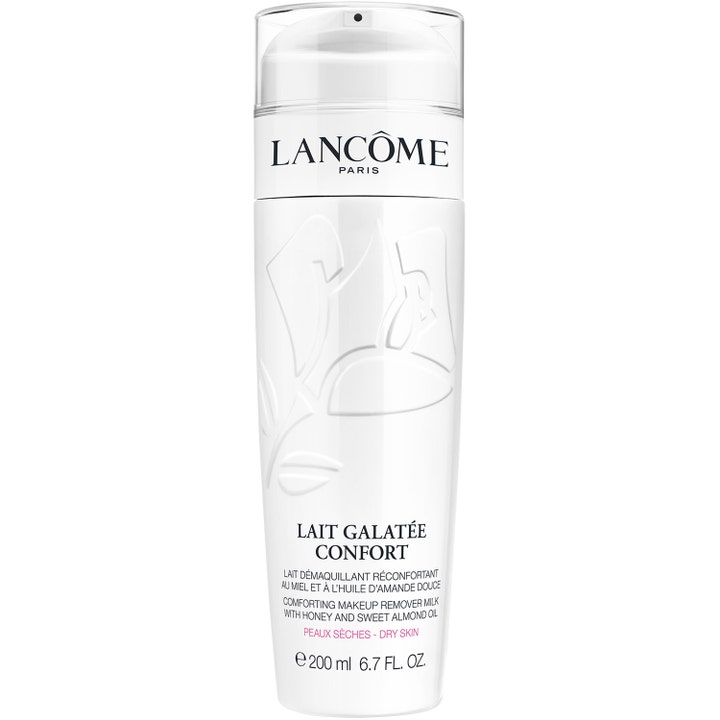Lancôme Lait Galatée Confort 200 ml puhdistusmaito kuivalle iholle valkoisessa pullossa kirkkaalla korkilla