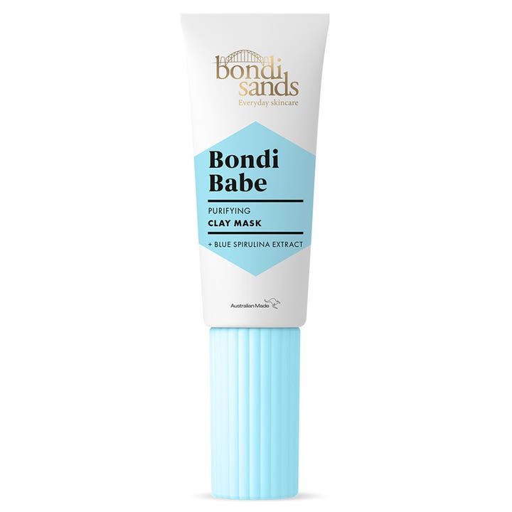 Bondi Sands Bondi Babe Purifying Clay Mask 75ml syväpuhdistava savinaamio valkoisessa tuubissa sinisellä korkilla.