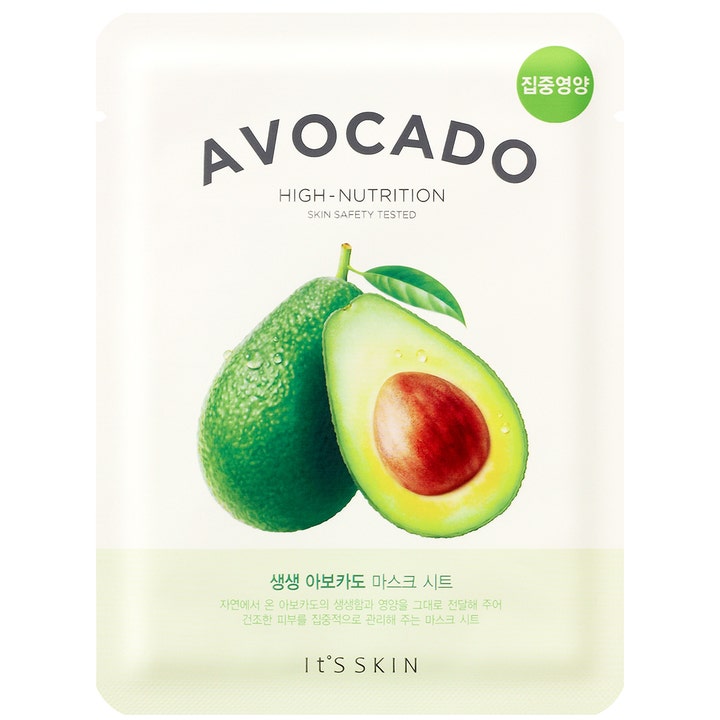 It'S SKIN Avocado High-Nutrition Mask Sheet 1 kpl ravitseva kangasnaamio valkoisessa pussissa halkaistun avokadon kuvalla