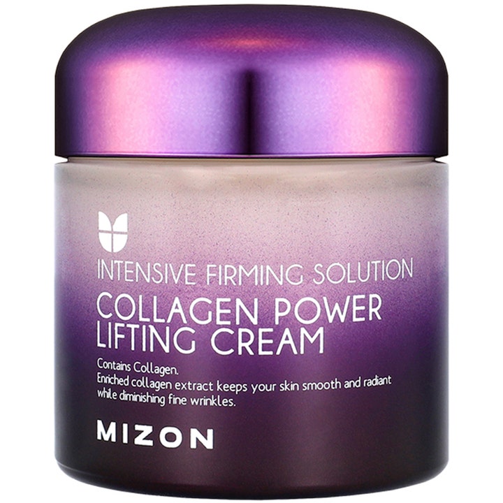 Mizon Collagen Power Lifting Cream kiinteyttävä kasvovoide purppuranvärisessä liukuvärjätyssä purkissa violetilla kannella.