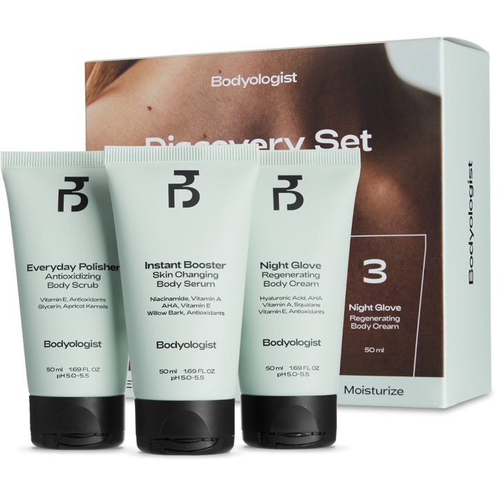 Bodyologist Discovery Set 3 x 50 ml heleyttävä vartalonhoitosetti kolmessa vaaleanvihreässä tuubissa ja pakkauksessa.
