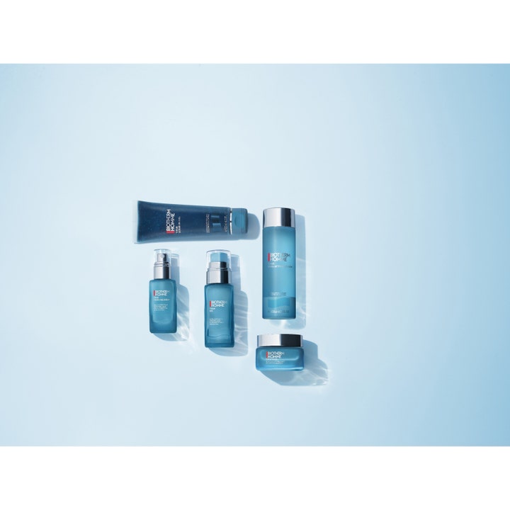 Biotherm T-Pur Anti Oil & Shine Gel 50 ml kasvovoide osana miesten sinistä ihonhoitosarjaa vaaleansinisellä pohjalla.