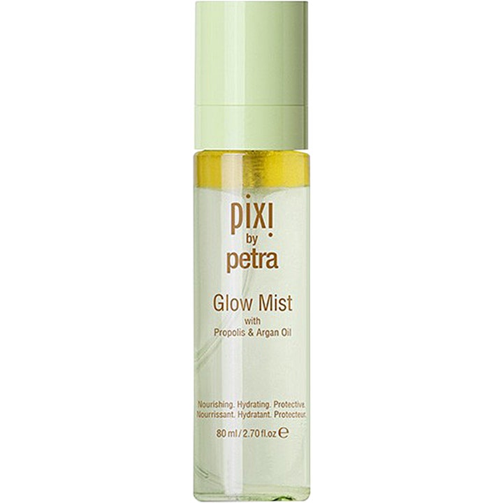 Pixi Glow Mist 80 ml kosteuttava kasvosuihke läpinäkyvässä pullossa jossa on vaaleanvihreä korkki