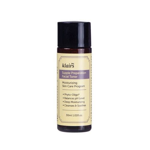 Klairs Supple Preparation Facial Toner 30 ml kosteuttava kasvovesi ruskeassa muovipullossa mustalla korkilla