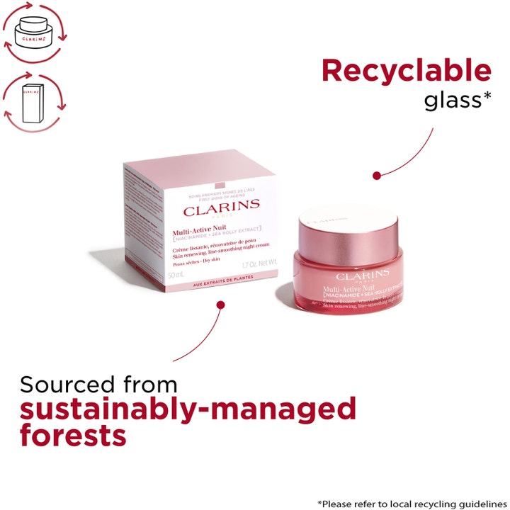Clarins Multi-Active Nuit 50 ml silottava yövoide kuivalle iholle kierrätettävässä lasipurkissa ja pakkauksessa.