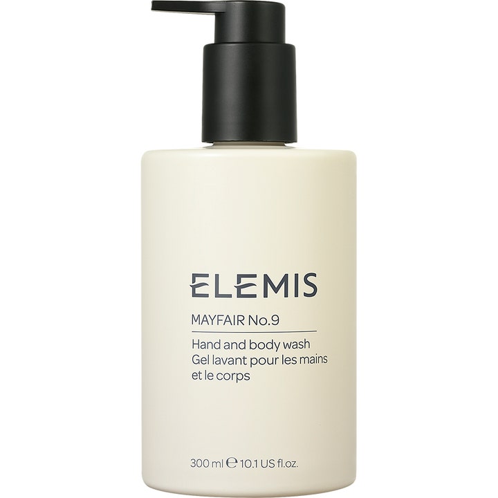 Elemis Mayfair No.9 Hand and Body Wash 300 ml puhdistava käsi- ja vartalosaippua kermanvalkoisessa pullossa mustalla pumpulla.